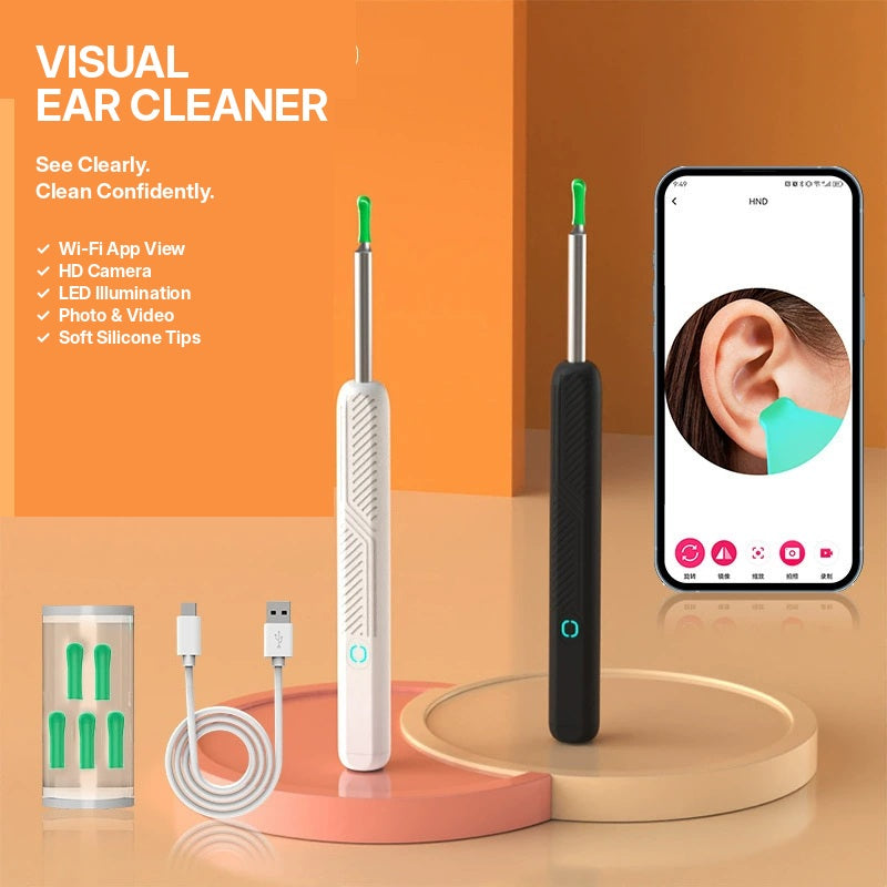 Visual ear cleaner in white and black with phone app view, charging cable and silicone tips