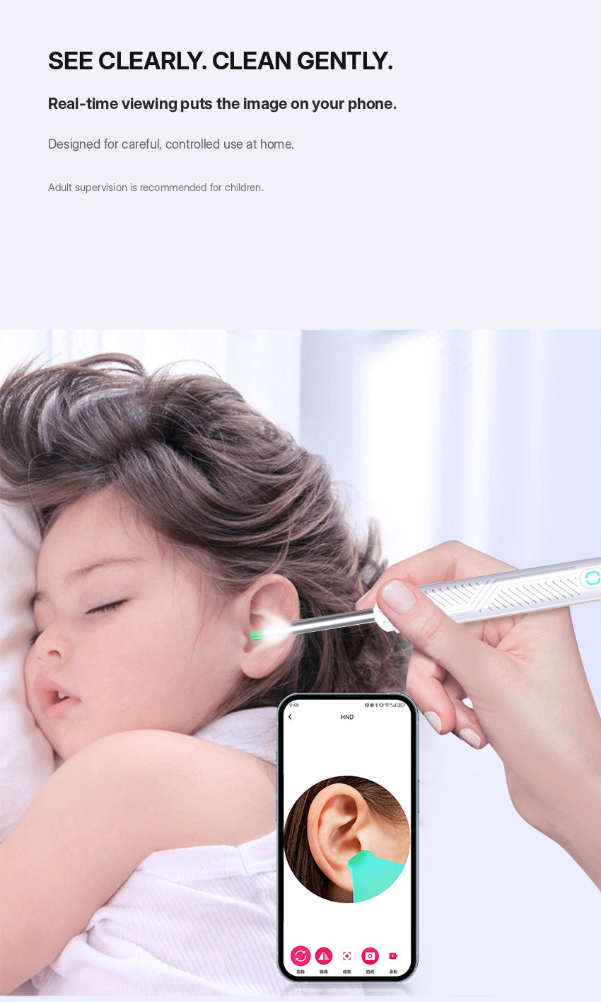 Adult using the visual ear cleaner at home with the live view on a phone