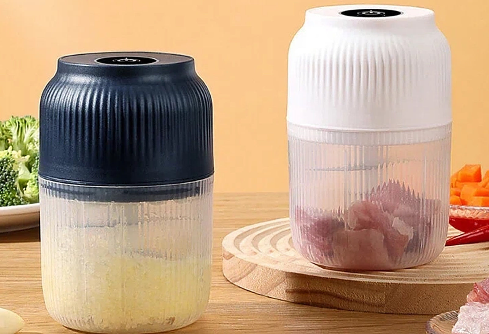 Mini cordless food chopper in navy and white