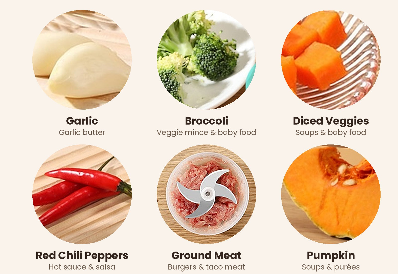 Garlic, broccoli, diced veggies, chili peppers, ground meat and pumpkin